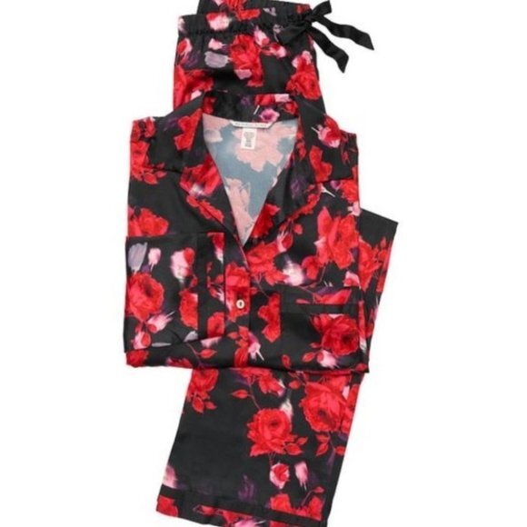 2‎ Pc PJ Set Satin Button Down Top Blouse + Pants Large